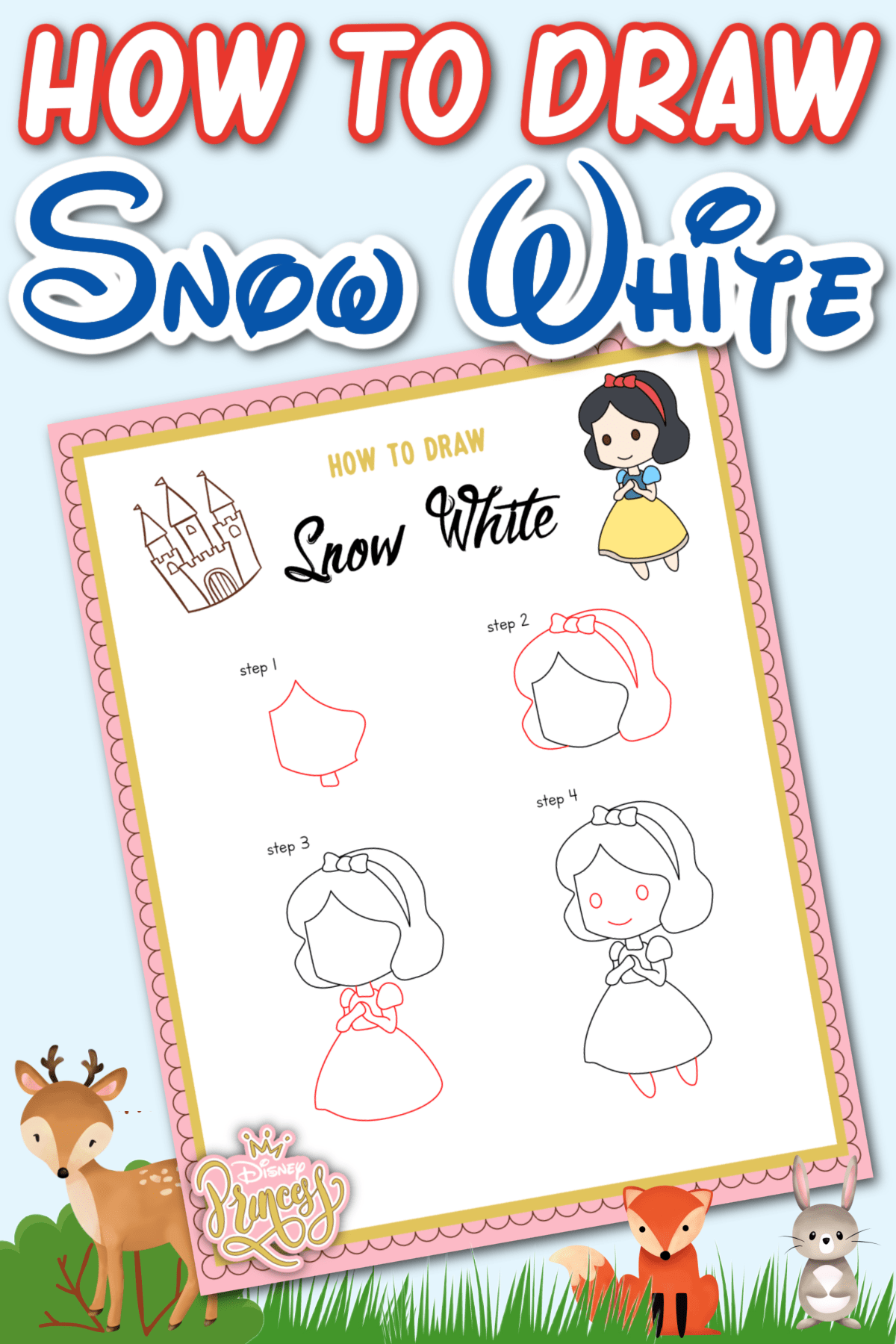 How to draw snow white step by step tutorial with free printable