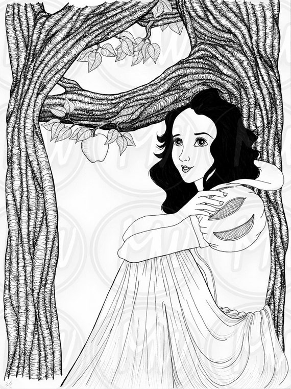 Snow white princess girl art printable coloring page illustration coloring snowwhite detailed instant download digital stamp