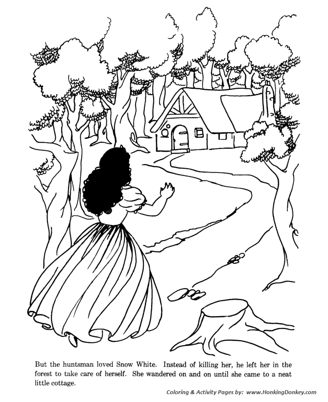 Snow white and the seven dwarfs fairy tale story coloring page sheet page