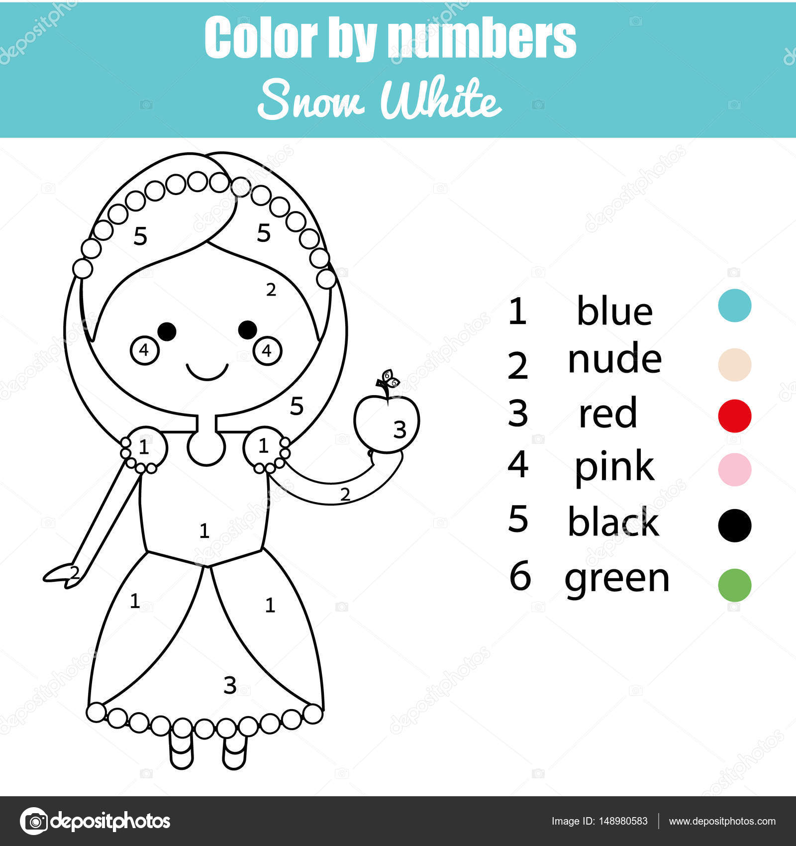 Coloring page with cute snow white fairy tale princess character color by numbers educational children game drawing kids activity stock vector by ksuklein