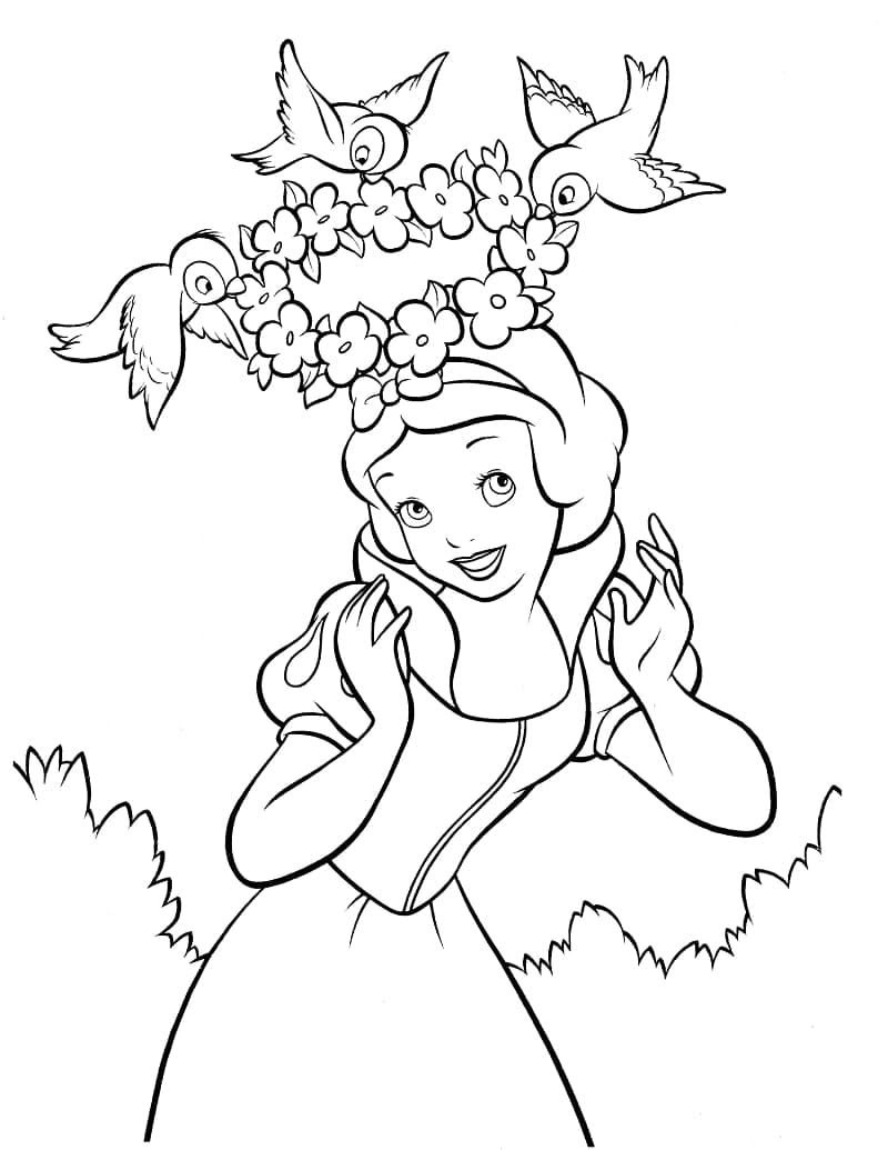 Snow white and birds coloring page