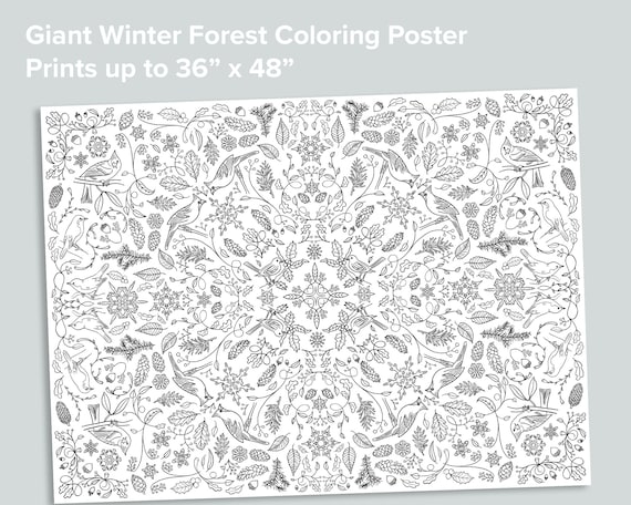 Giant winter forest coloring poster nature homeschool printables black and white large coloring pages winter birds snow activity