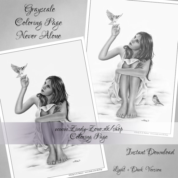 Grayscale coloring page never alone winter first snow woman sparrow birds fantasy magic girl zindy