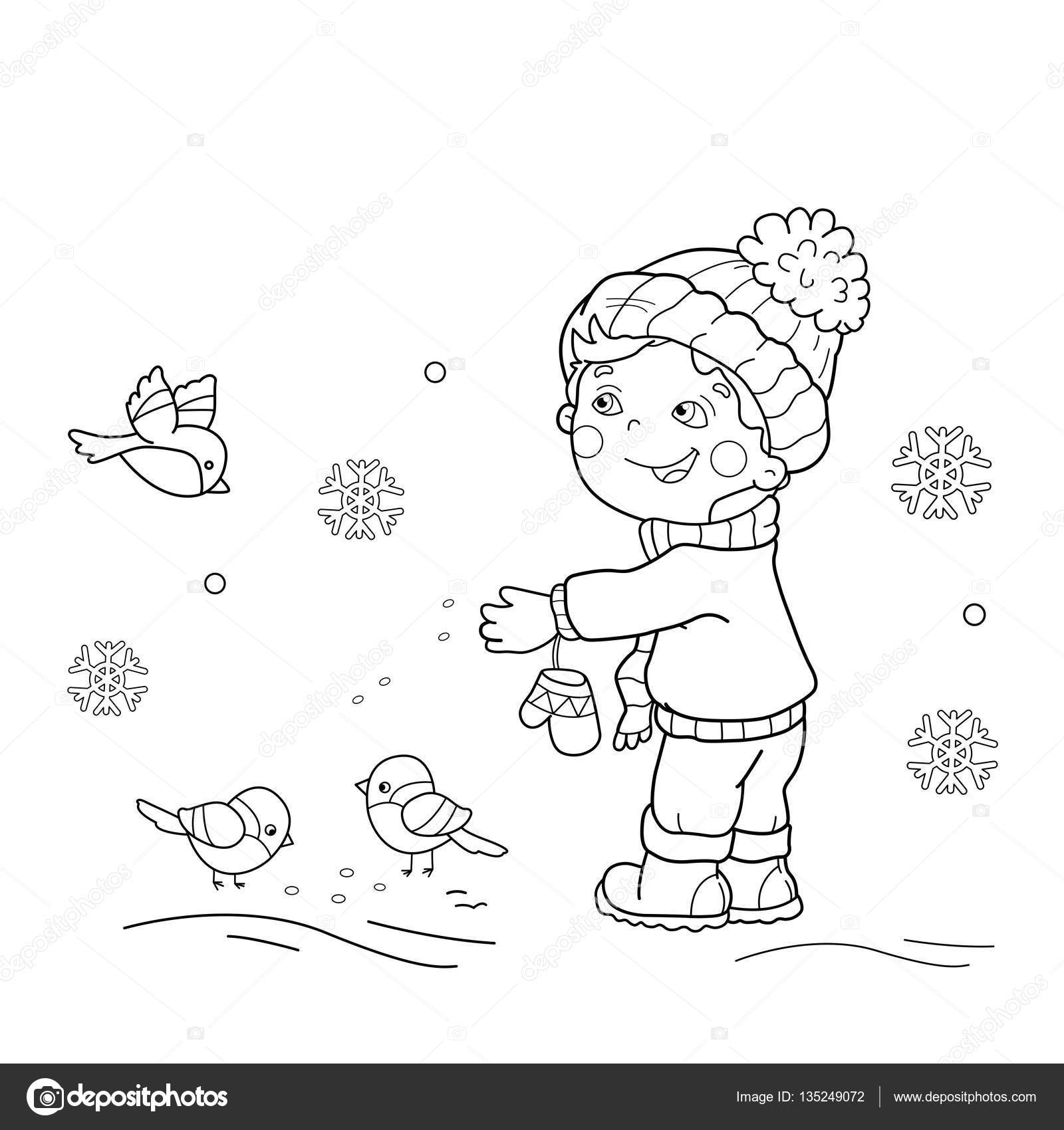 Coloring page outline of cartoon boy feeding birds winter coloring book for kids stock vector by oleon