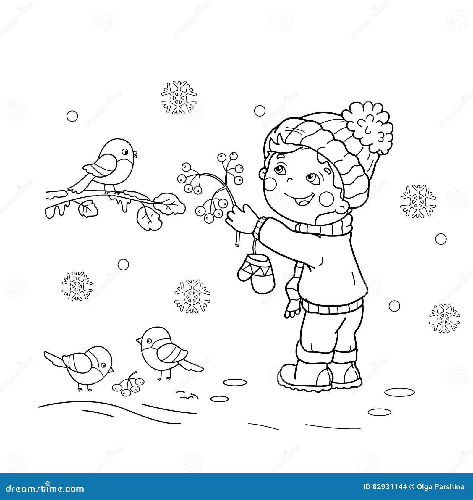 Coloring page outline of cartoon boy feeding birds winter stock vector