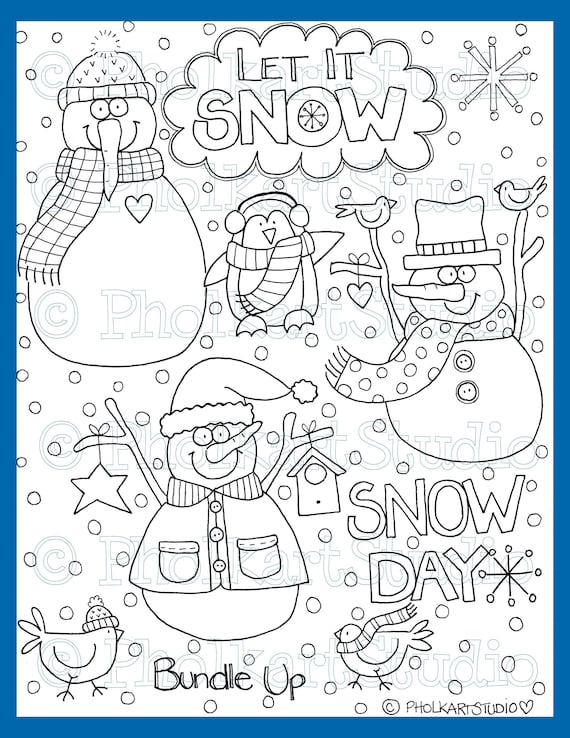 Kids coloring page snowman let it snow snow day cute whimsical winter birds penguin instant download printable coloring pholkartstudio