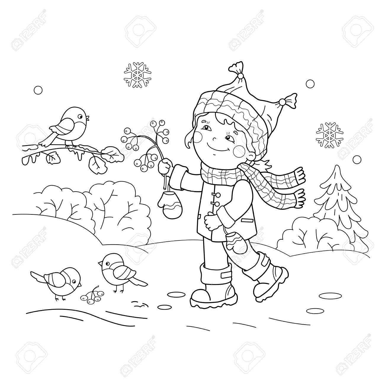 Coloring page outline of cartoon girl feeding birds winter coloring book for kids royalty free svg cliparts vectors and stock illustration image