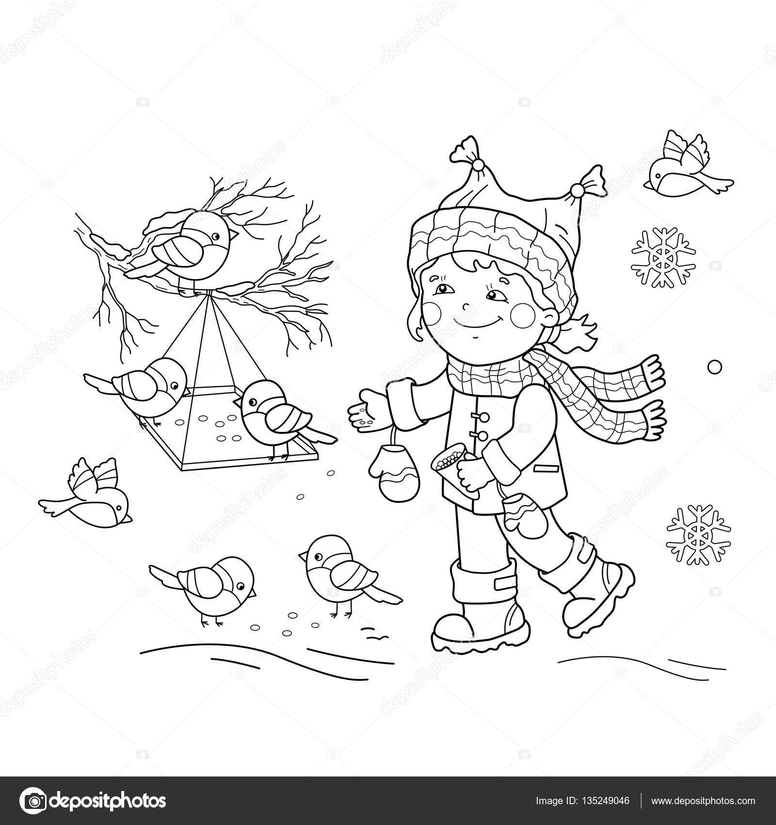 Coloring page outline of cartoon girl feeding birds bird feeder winter coloring book for kids stock vector by oleon