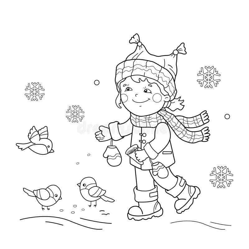 Coloring page outline of cartoon girl feeding birds winter stock vector