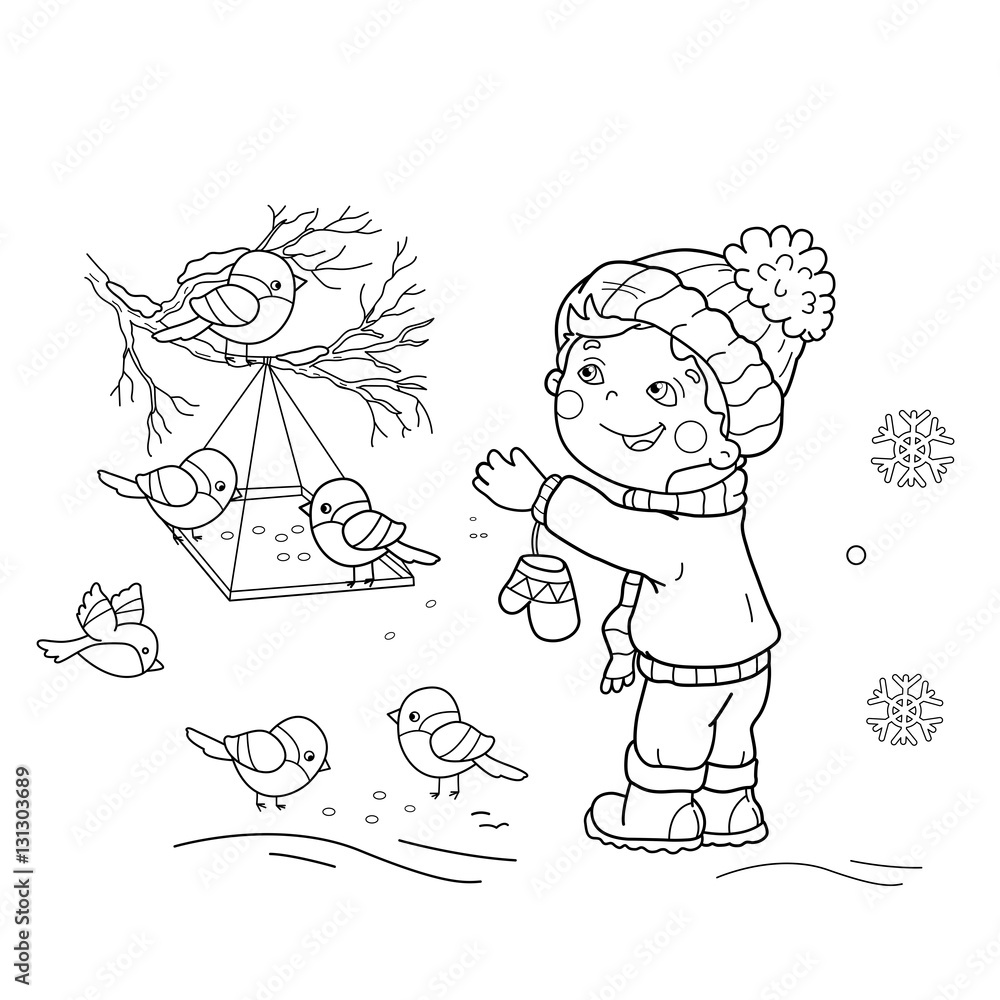 Coloring page outline of cartoon boy feeding birds bird feeder winter coloring book for kids vector