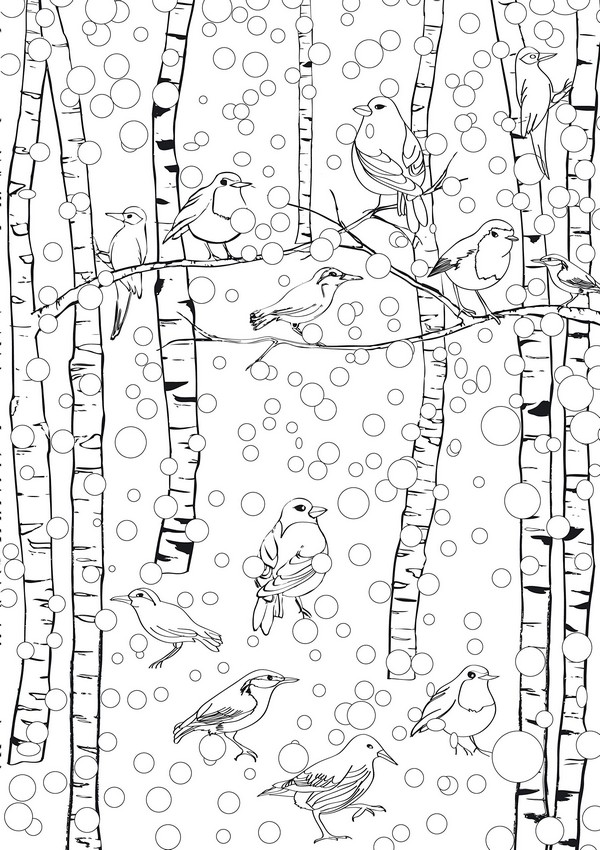 Art therapy coloring page winter birds in winter under the snow