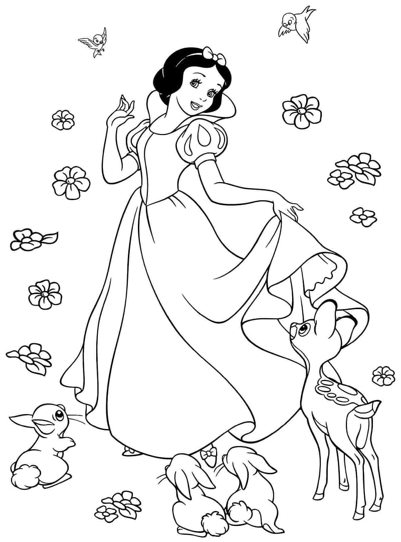 Snow white with animals coloring page