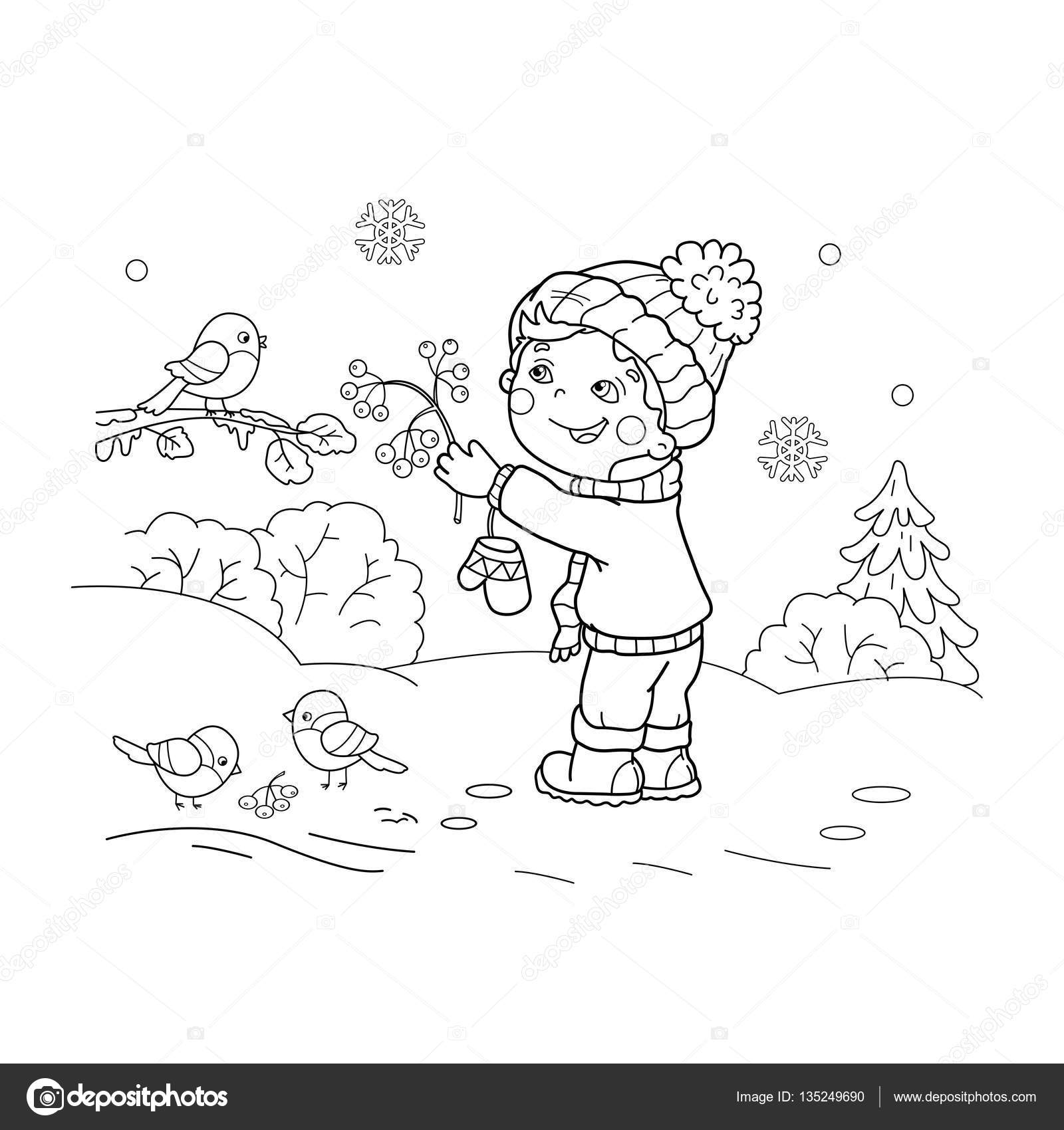 Coloring page outline of cartoon boy feeding birds winter coloring book for kids stock vector by oleon