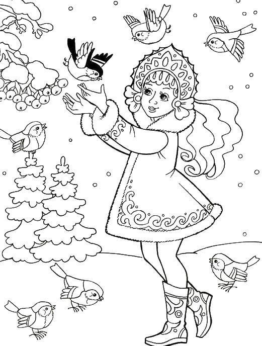 Online coloring pages happy coloring page snow white and birds greeting cards happy new year