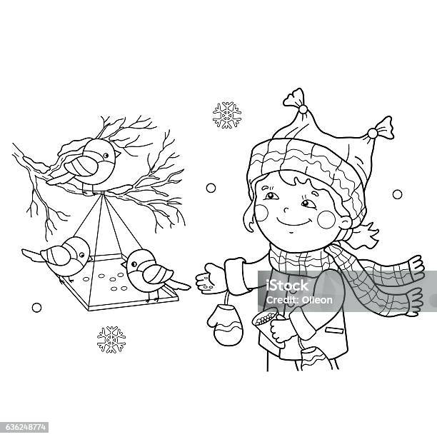 Coloring page outline of cartoon girl feeding birds stock illustration