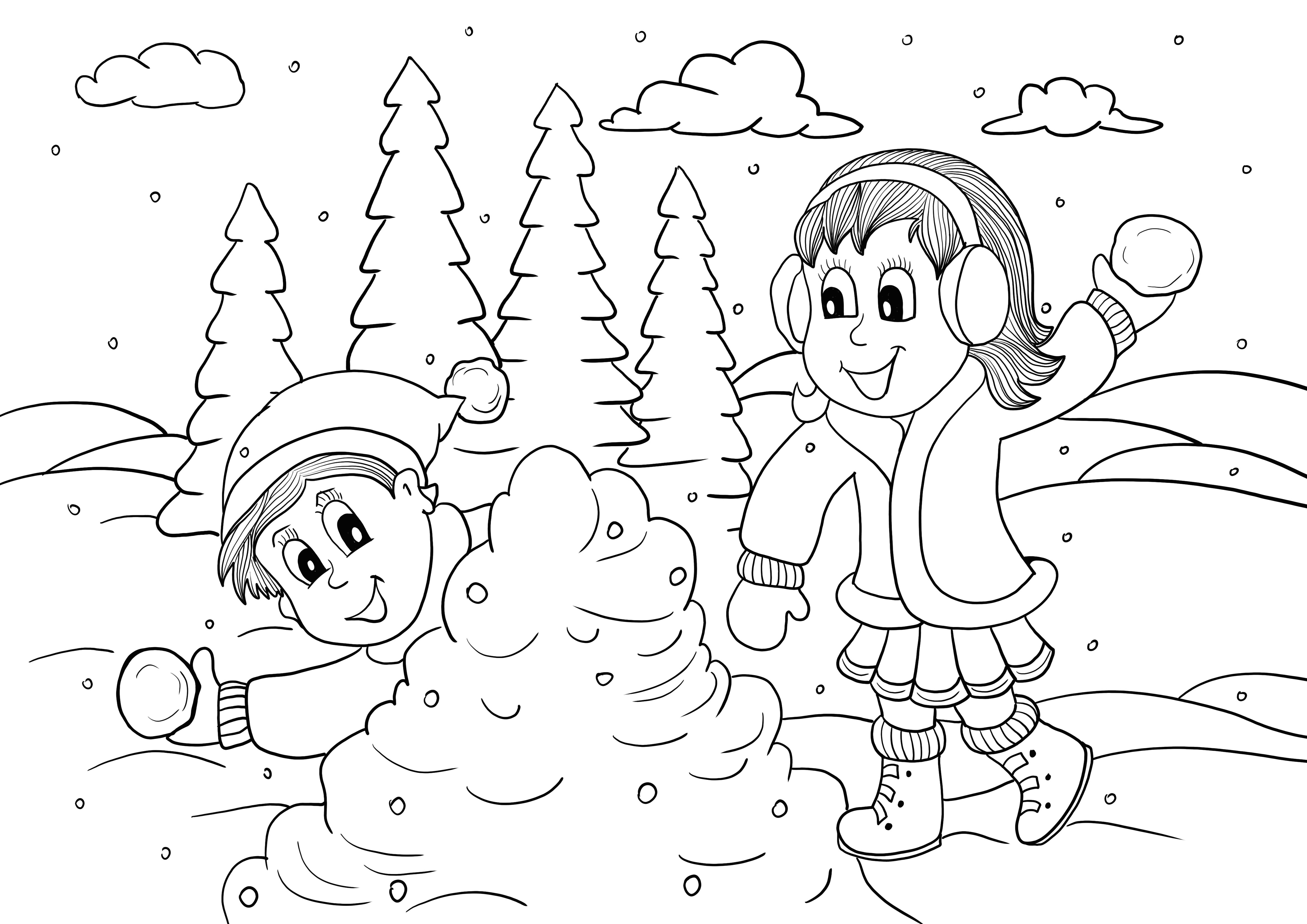 Children and snowballs playing coloring sheet and free printables