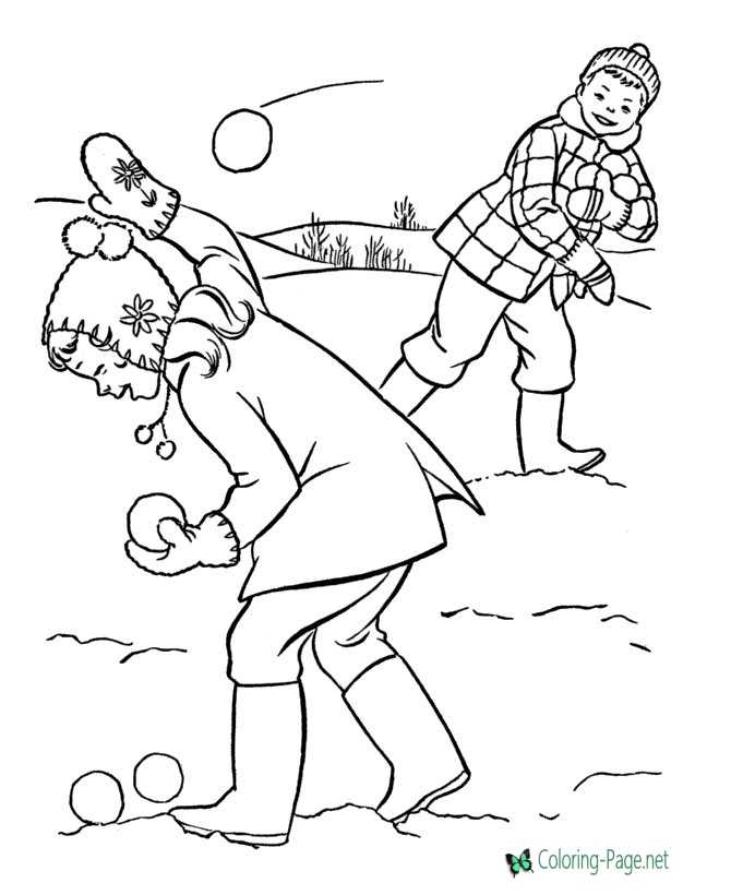 Winter coloring pages snowball fight