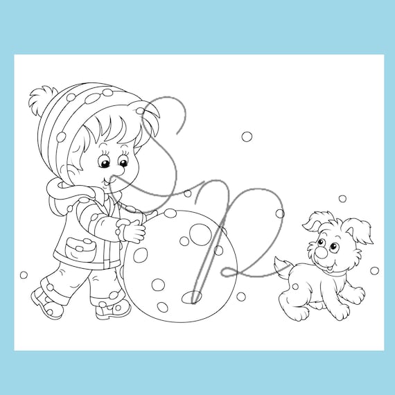 Winter snow fun coloring page happy boy rolling a snowball
