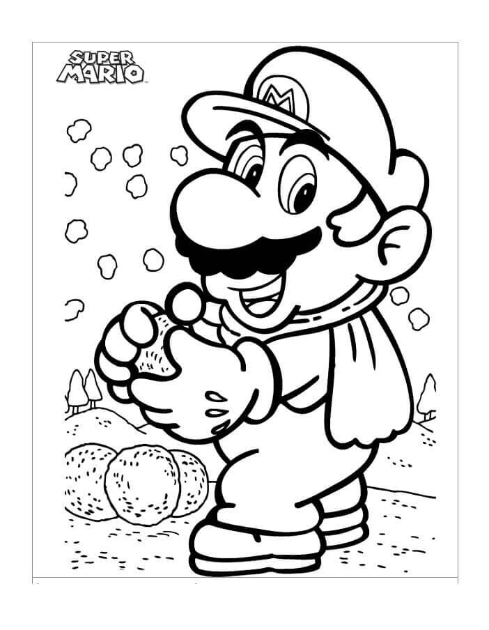 Mario with snowball coloring page