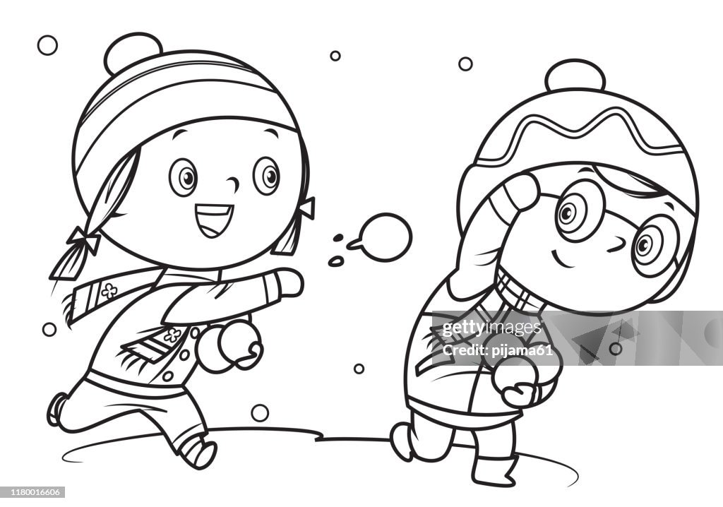 Coloring book children playing with snowball high