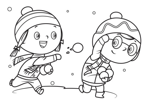 Coloring book children playing with snowball stock illustration