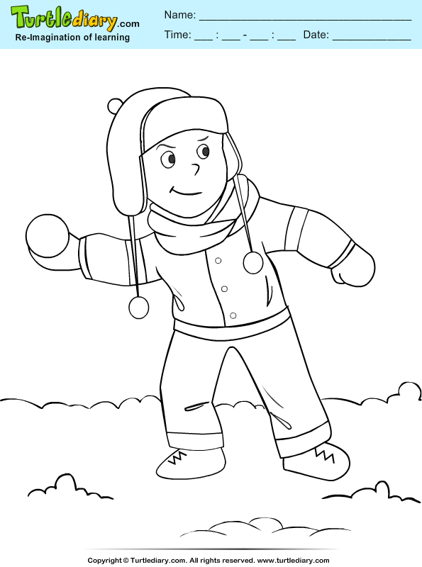 Boy playing with snowball coloring sheet turtle diary