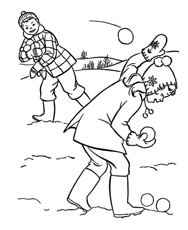 A snowball fight with friends during winter coloring page