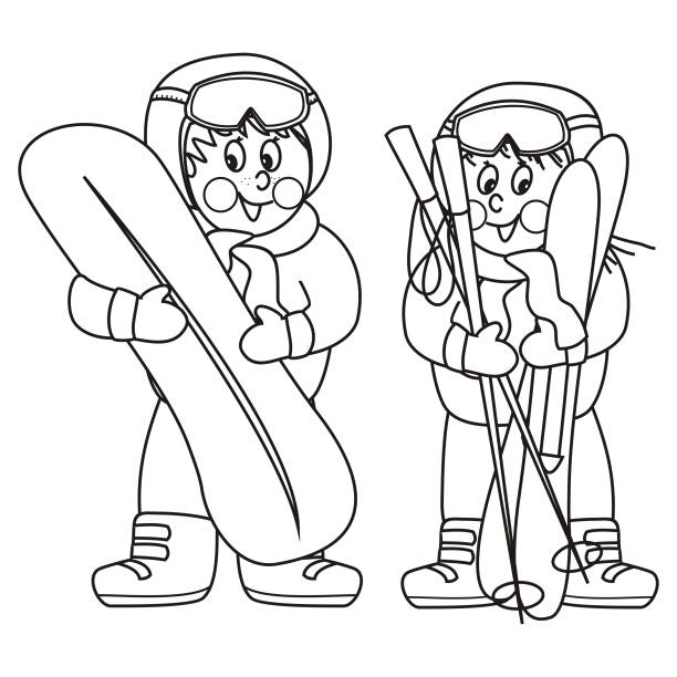 Little kids with snowboard and ski coloring book eps stock illustration