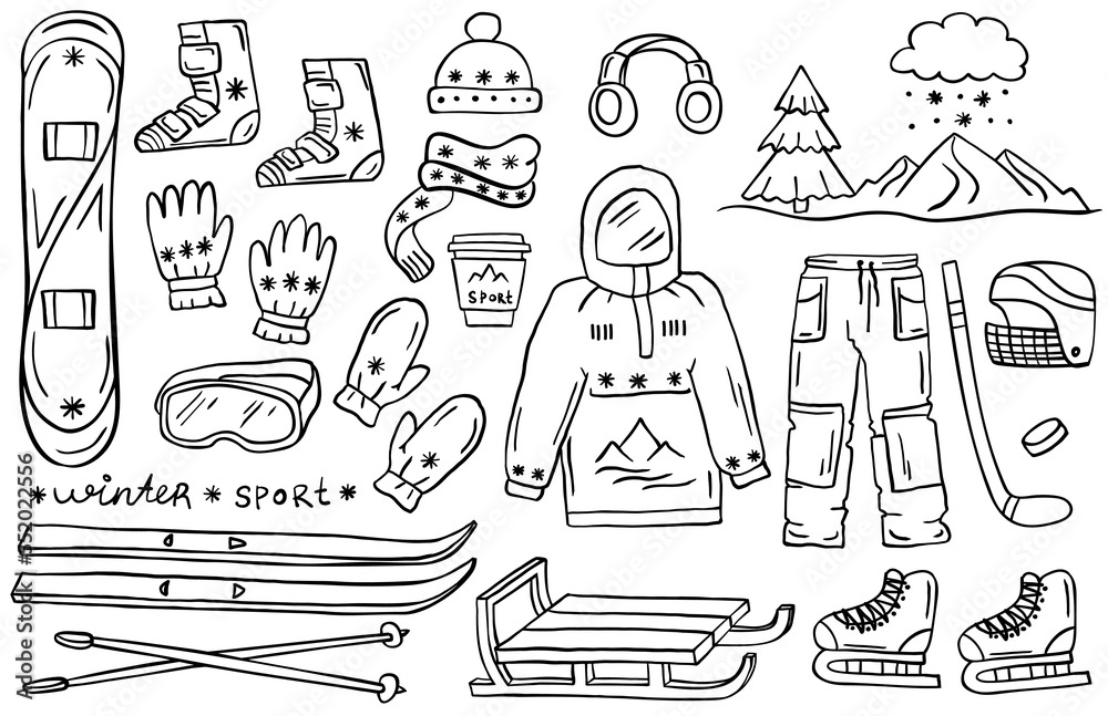 Set of winter sports and extreme equipment isolated on white skis sleds skates snowboard coloring book coloring page vector illustration vector