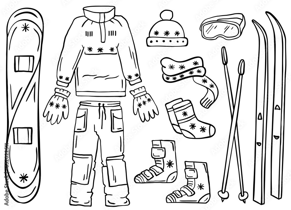 Set of winter sports and extreme equipment isolated on white skis snowboard coloring book coloring page vector illustration ððµðºñðñðñð ððñðµðºñ