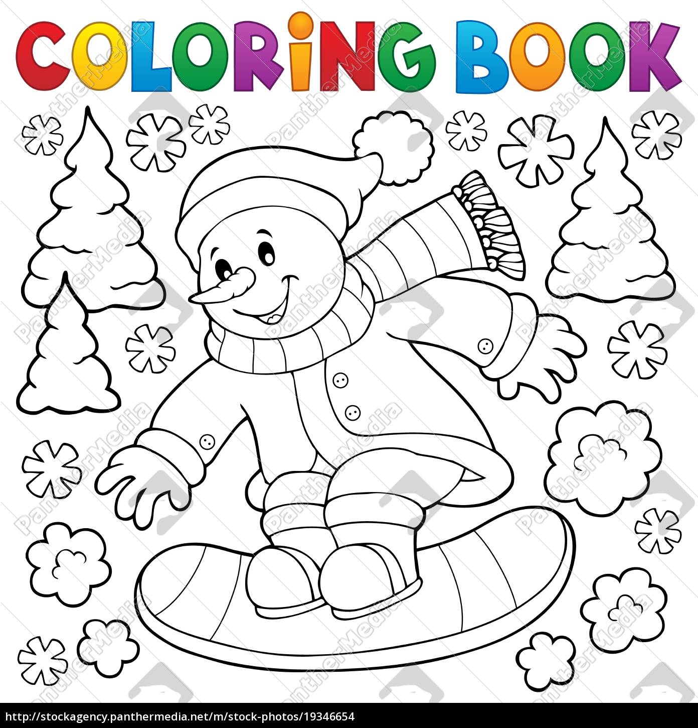 Coloring book snowman on snowboard