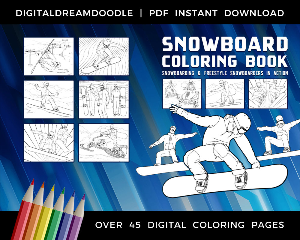 Snowboard coloring book snowboarding coloring book snowboarder coloring book winter sport snow boarding coloring pages digital download