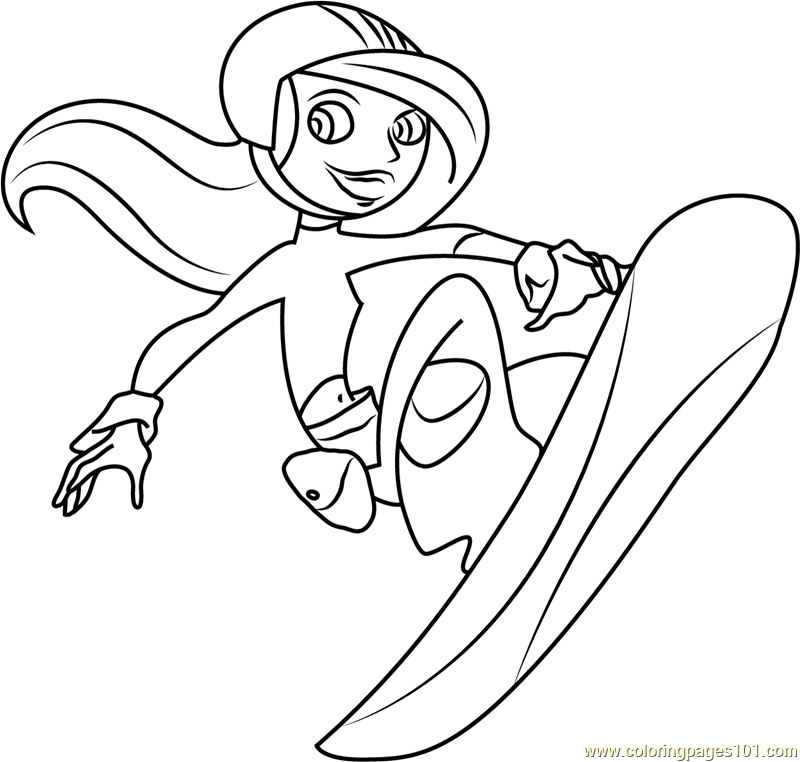 Kim possible on snowboard coloring page for kids