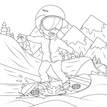 Premium vector the boy is snowboarding in the mountains coloring book for children