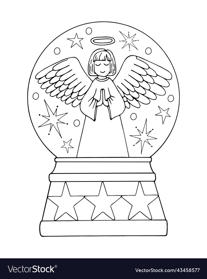 Coloring book snow globe angel line art prayer vector image