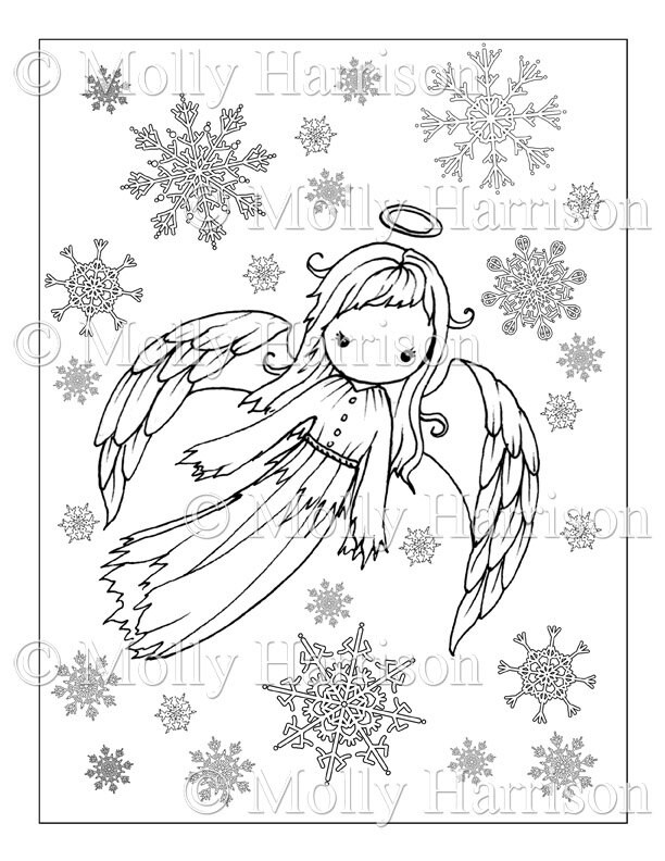 Angel coloring page cute angel in snowflakes printable instant download adult coloring page christmas angel fairy angels