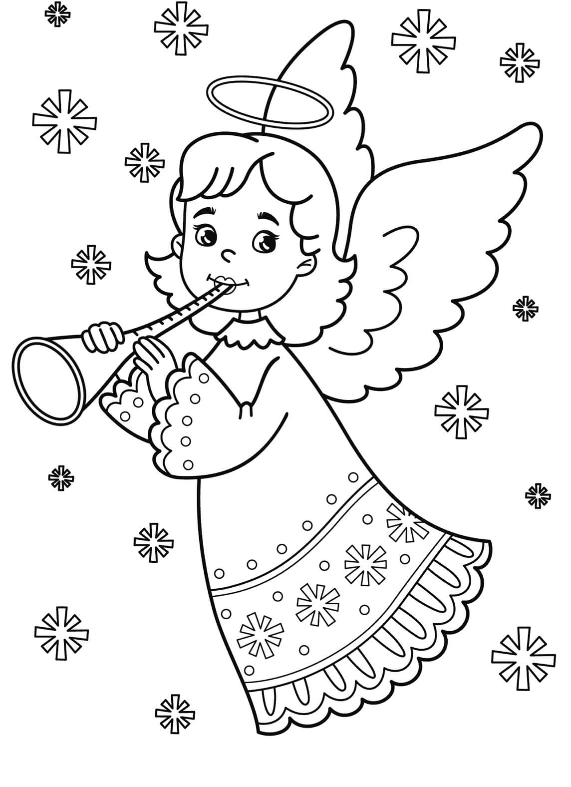 Little angel playing the trumpet with snowflakes coloring page