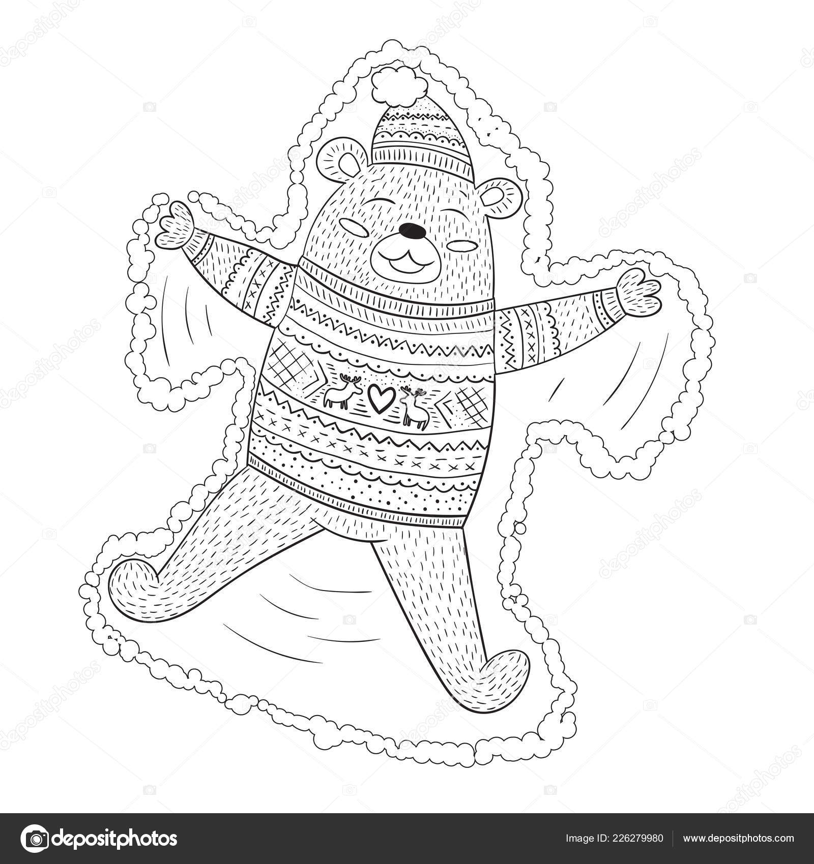 Coloring page adorable brown bear making snow angel cute sweater stock vector by mazurkat