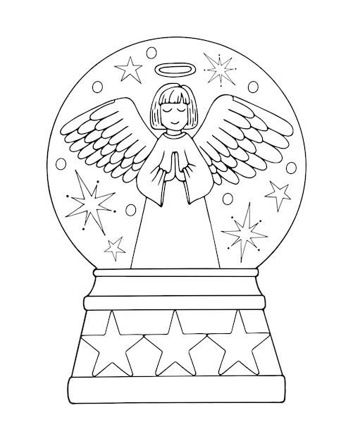 Premium vector coloring book snow globe angel line art prayer under the stars hand drawn vector black and white illustration