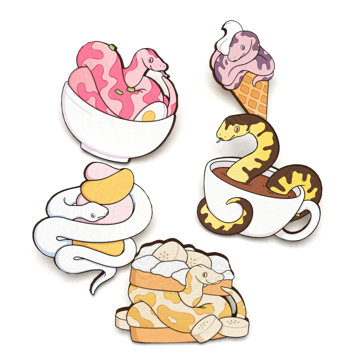 Wooden pin set of brooch for badges ball python food kawaii cute snake print