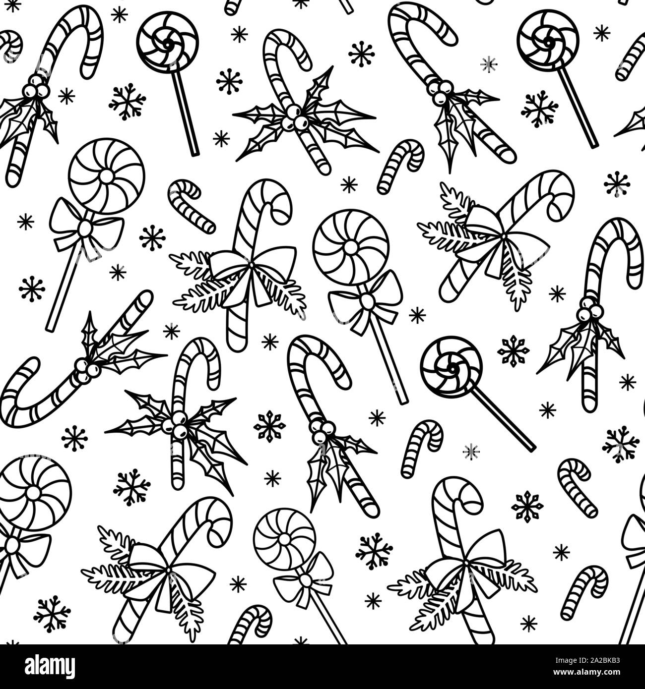 Christmas seamless pattern with candy canes and lollipops hand drawn doodle style black and white vector illustration isolated on white background perfect for wrapping paper and coloring pages stock vector image