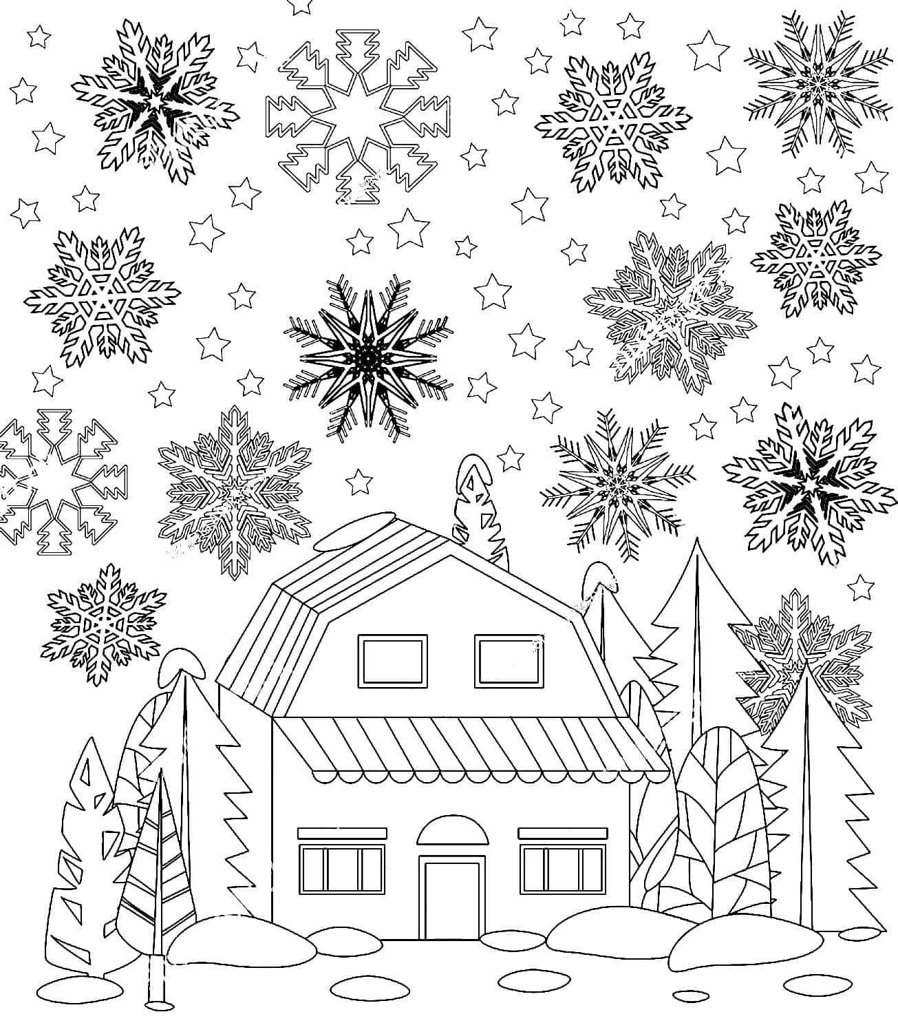 House and snowflakes coloring page