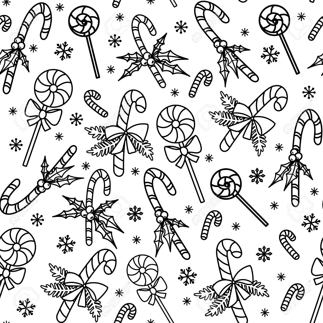 Christmas seamless pattern with candy canes and lollipops hand drawn doodle style black and white vector illustration isolated on white background perfect for wrapping paper and coloring pages royalty free svg cliparts