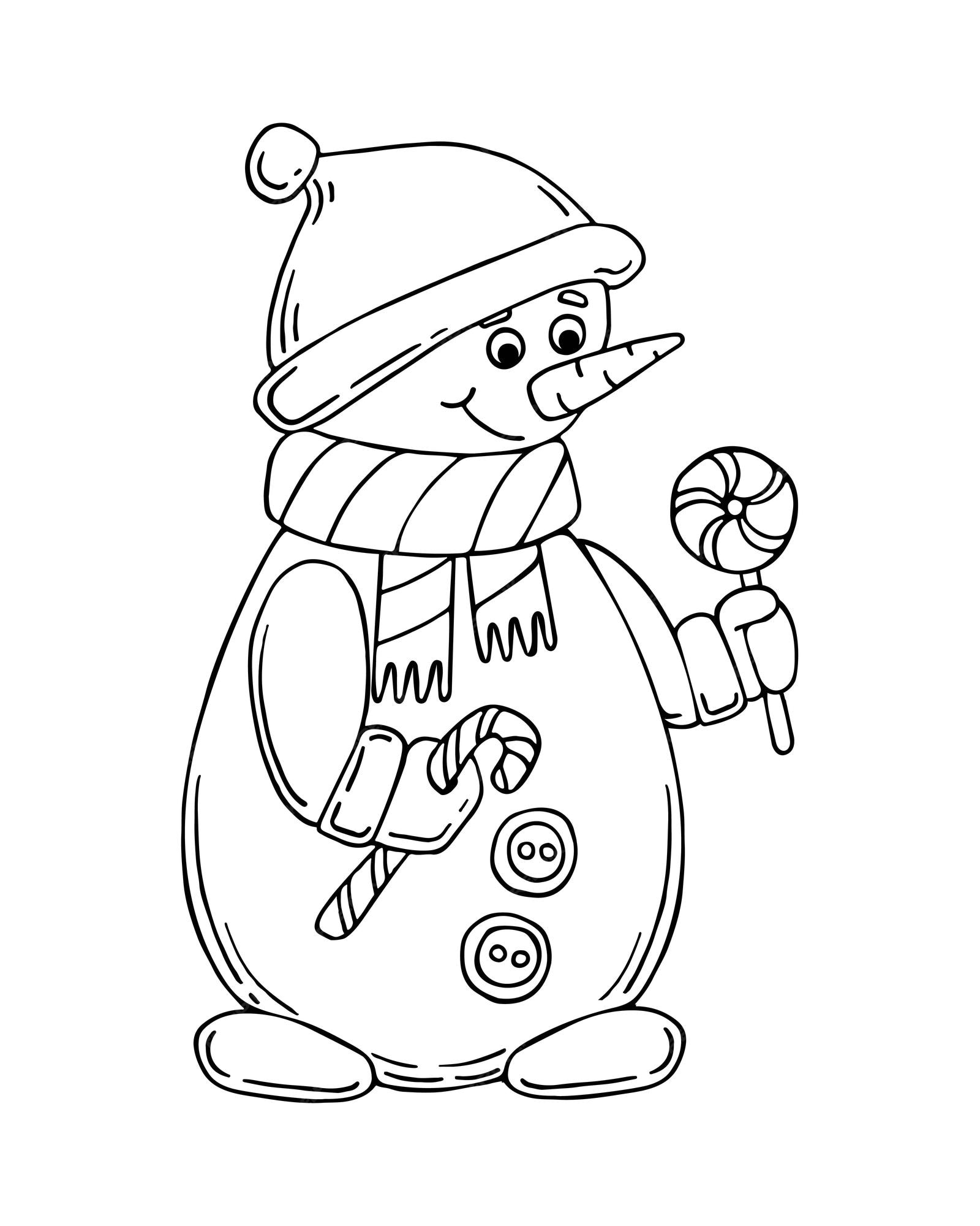 Premium vector coloring book snowman line art cute winter character in hat with lollipops hand drawn vector black and white illustration