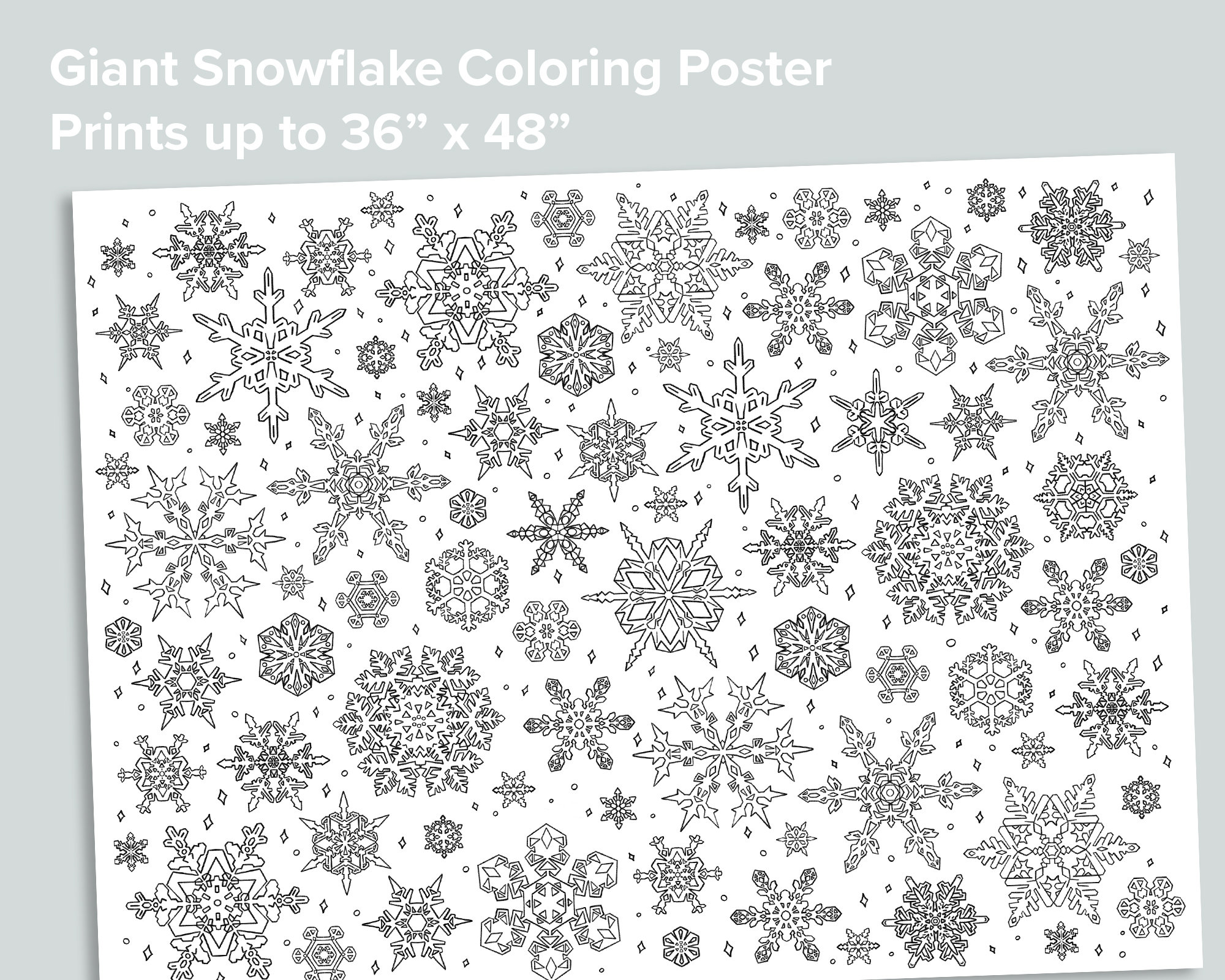 Giant snowflake coloring poster nature homeschool printables black and white large coloring pages winter snow activity instant download