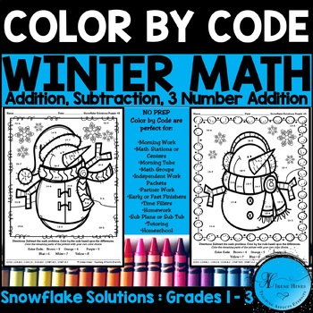 Winter math color by number code addition subtraction snowmen coloring pages