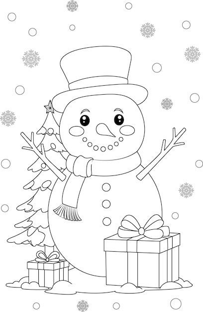 Premium vector coloring page a snowman with christmas tree and gifts christmas colouring page