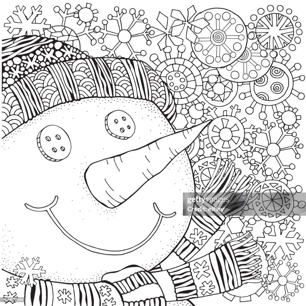 Cheerful snowman and snowflakes winter snow sled carrot buttons merry christmas happy new year pattern for adult coloring book black and white high