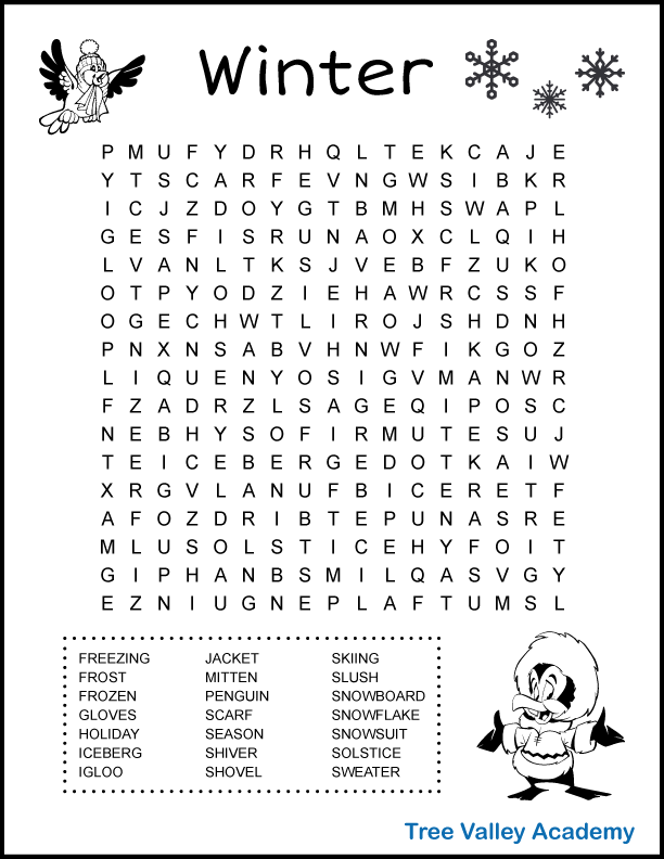 Free printable winter word search for kids