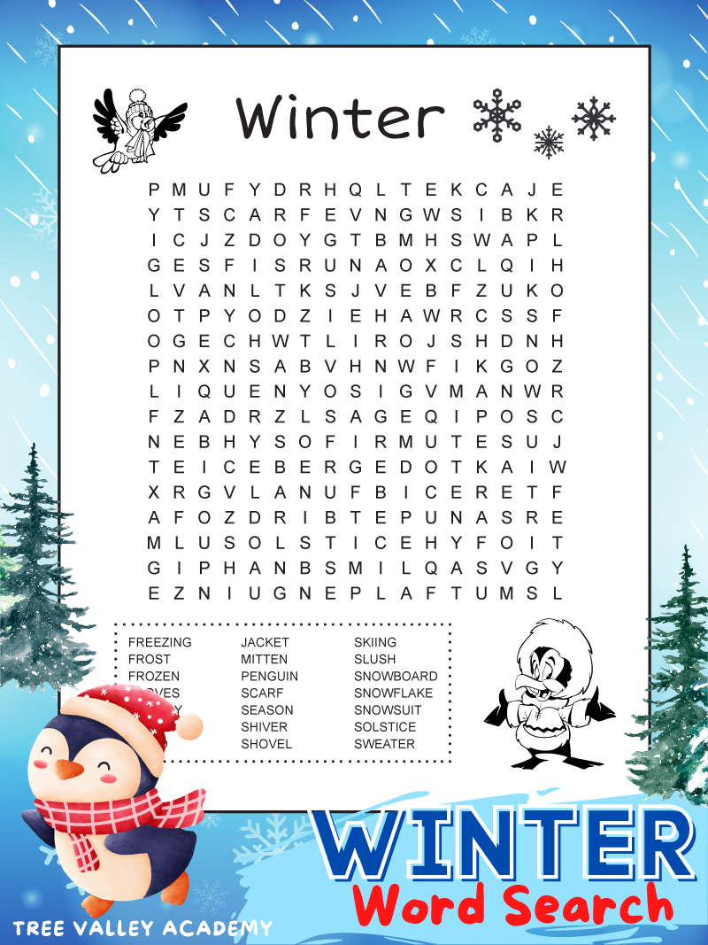 Free printable winter word search for kids